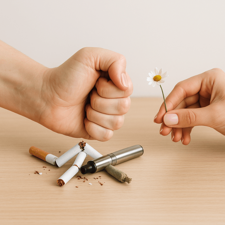 Fist crushing cigarettes, vape, and joint while holding daisy flower; symbolizing quit smoking hypnotherapy strength and transformation in Cape Town or online.